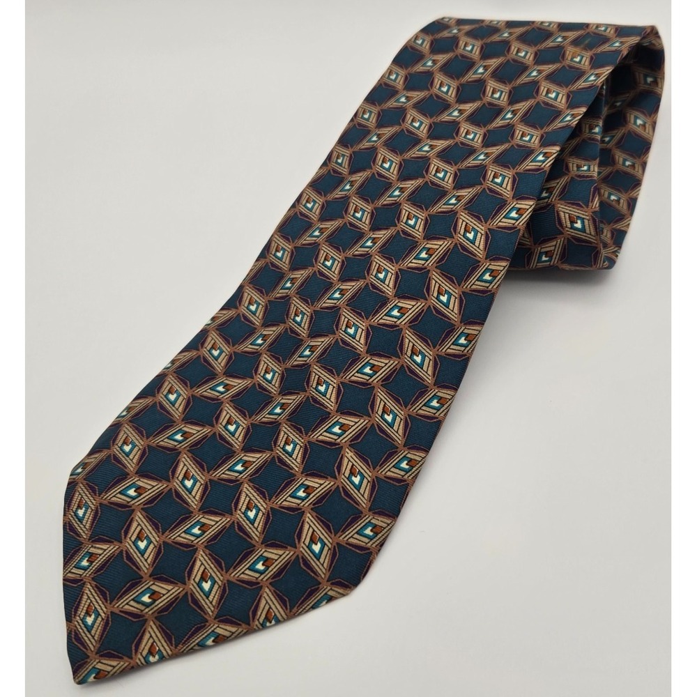 Christian Dior Monsieur Necktie Men OS Teal Gold Geometric Diamond Silk Tie